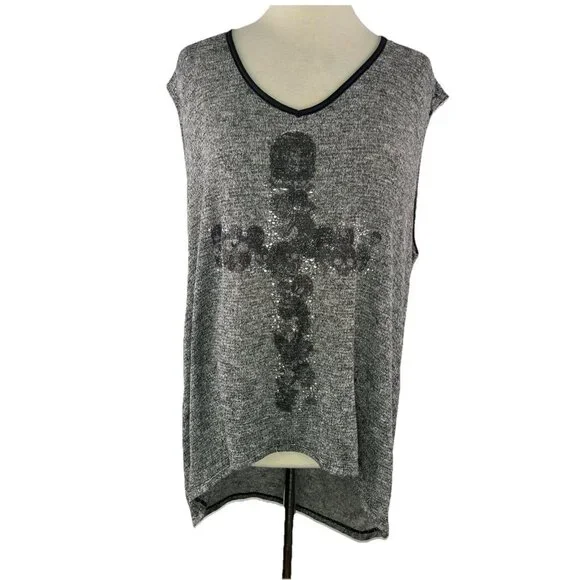 Rock & Republic Womens 1X Gray Top Sleeveless Black Embellished Cross Rayon Poly - Picture 1 of 8